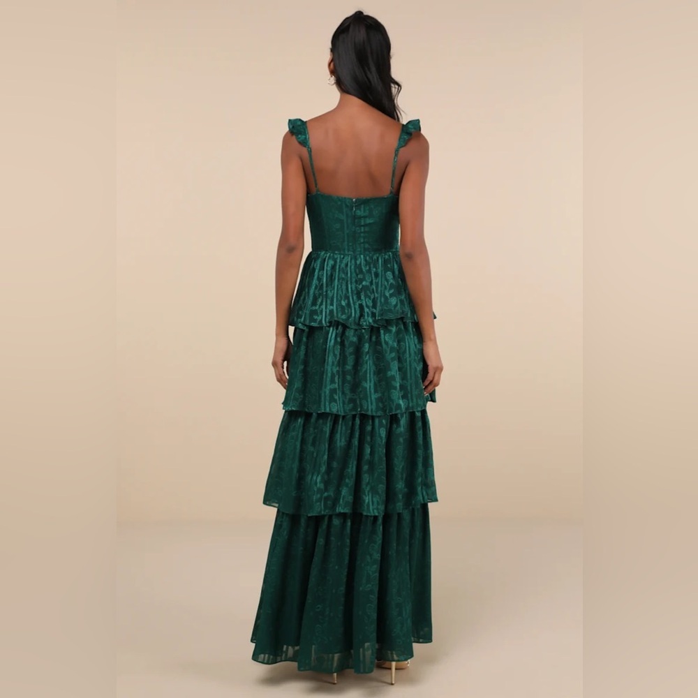 Lulus Stunning Glory Hunter Green Floral Jacquard Tiered Maxi Dress - Picture 3 of 11